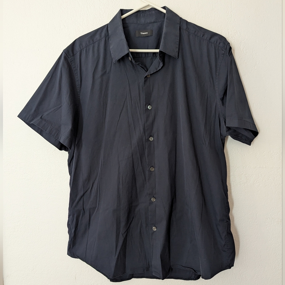 Theory Men's Sylvain Wealth Short Sleeve Button Down Shirt Navy Blue